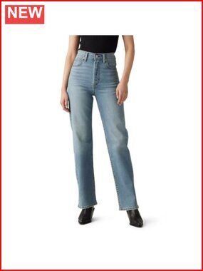 High Rise Straight Leg Full Length Jeans Slim Through Hip Casual Denim